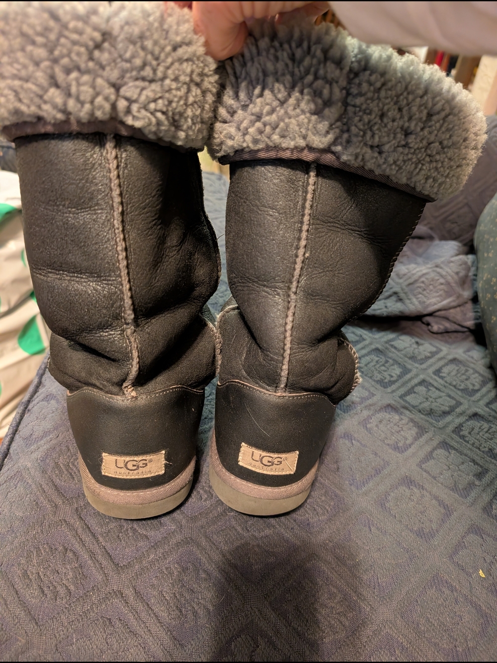 UGG Black Leather Short Shearling Boots with Grey Cuff